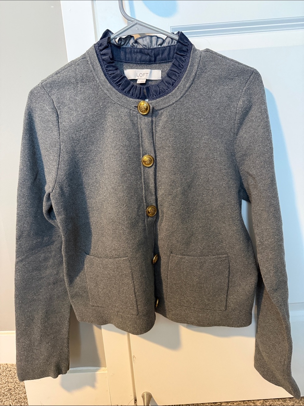 LOFT Gray Button-Front Ruffle Collar Cardigan